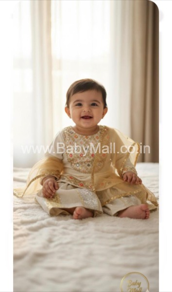 Embroidered Garara Suit Dress Golden Off White For 6 Month To 2 Years